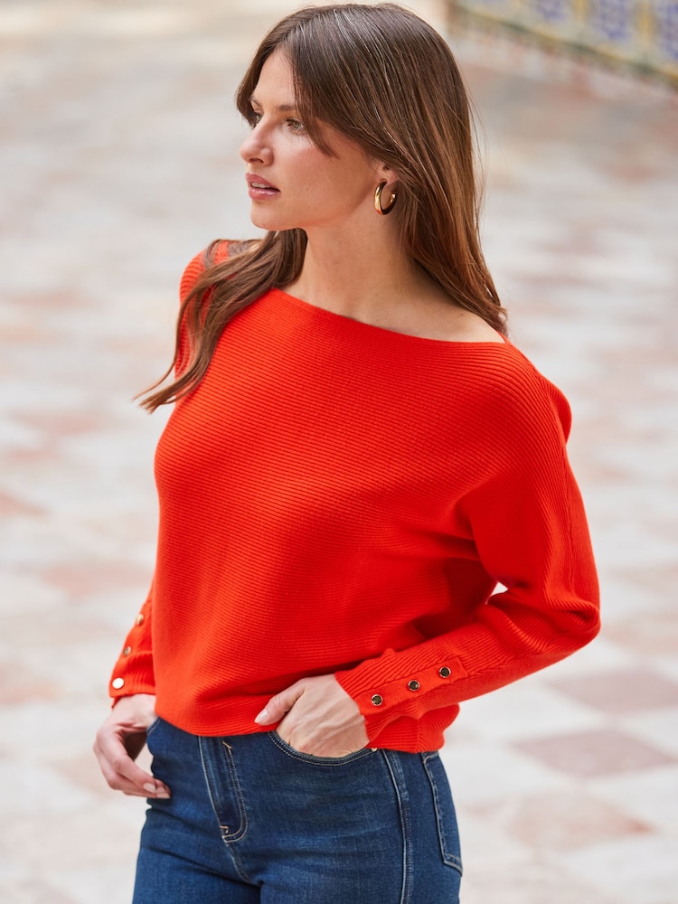 Sosandar Orange Horizontal Rib Slouchy Off The Shoulder Jumper - Image 6 of 6