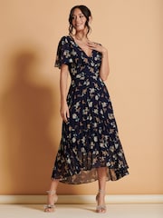 Jolie Moi Black Multi Floral Pleated Dip Hem Chiffon Maxi Dress - Image 3 of 6