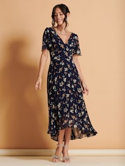 Jolie Moi Black Multi Floral Pleated Dip Hem Chiffon Maxi Dress - Image 4 of 6