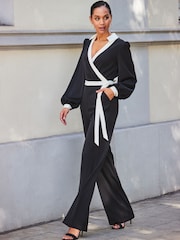 Sosandar Black Contrast Tie Waist Jumpsuit - Image 1 of 5