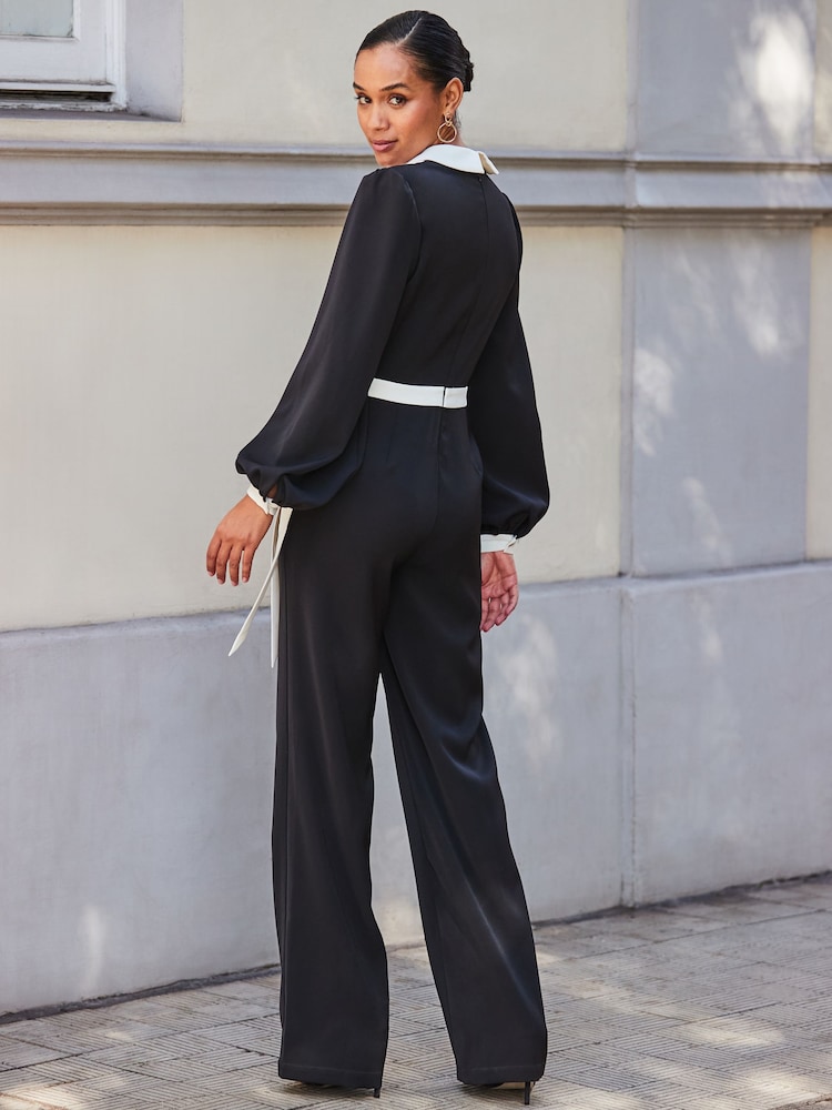 Sosandar Black Contrast Tie Waist Jumpsuit - Image 2 of 5