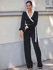 Sosandar Black Contrast Tie Waist Jumpsuit - Image 3 of 5