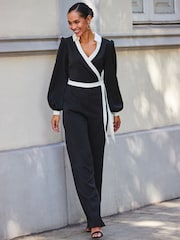 Sosandar Black Contrast Tie Waist Jumpsuit - Image 4 of 5