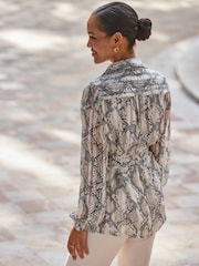 Sosandar White Snake Print Blouson Sleeve Belted Shirt - Image 3 of 6