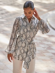Sosandar White Snake Print Blouson Sleeve Belted Shirt - Image 5 of 6
