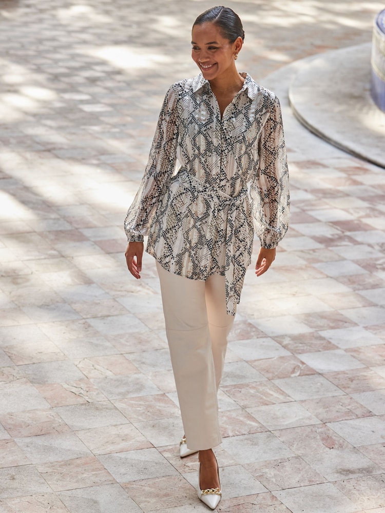 Sosandar White Snake Print Blouson Sleeve Belted Shirt - Image 6 of 6