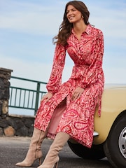 Sosandar Red Petite Blouson Sleeve Belted Midi Shirt Dress - Image 5 of 6