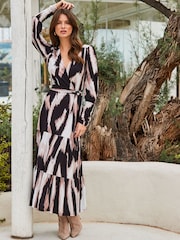 Sosandar Brown Tiered Fit And Flare Wrap Dress - Image 1 of 6