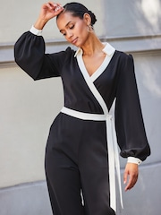 Sosandar Black Petite Contrast Tie Waist Jumpsuit - Image 4 of 5