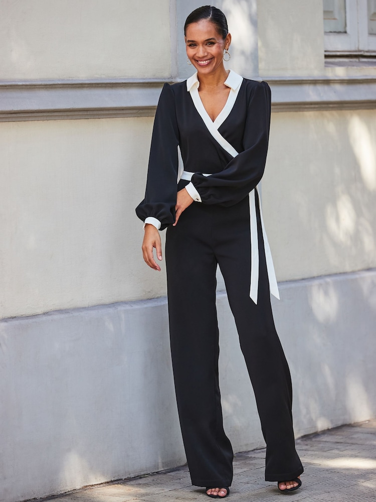Sosandar Black Petite Contrast Tie Waist Jumpsuit - Image 5 of 5