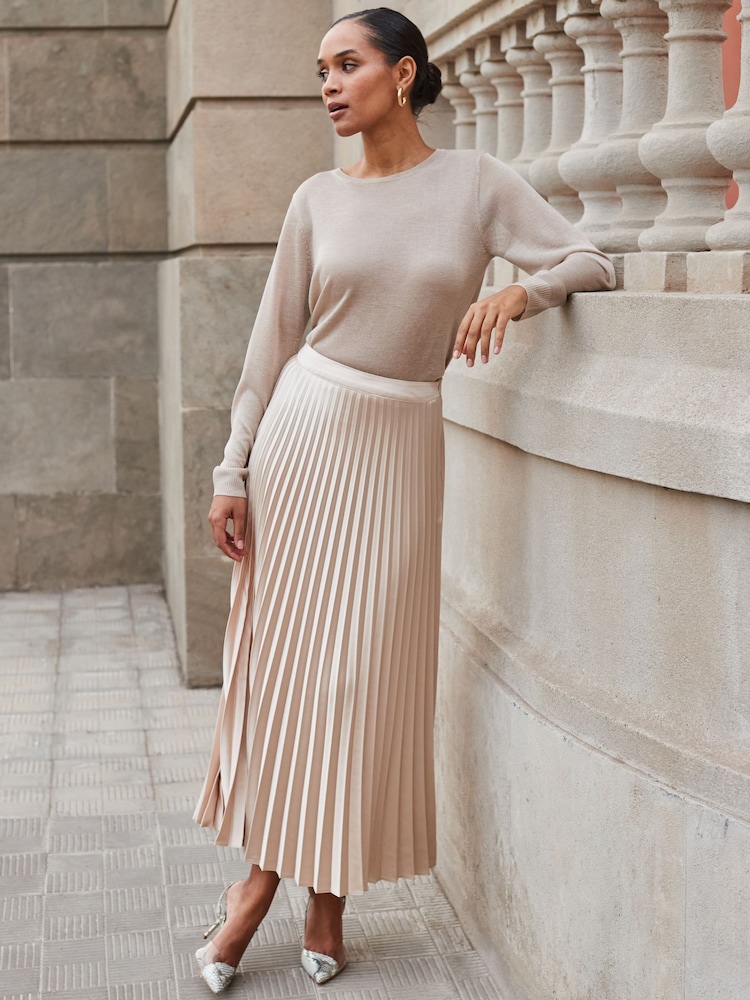 Sosandar Ecru Hue Pleated Satin Midi Skirt - Image 1 of 6