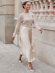 Sosandar Ecru Hue Pleated Satin Midi Skirt - Image 3 of 6