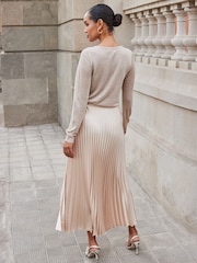 Sosandar Ecru Hue Pleated Satin Midi Skirt - Image 4 of 6