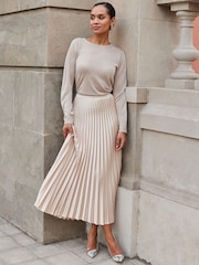 Sosandar Ecru Hue Pleated Satin Midi Skirt - Image 5 of 6