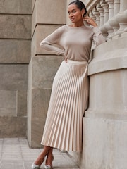 Sosandar Ecru Hue Pleated Satin Midi Skirt - Image 6 of 6