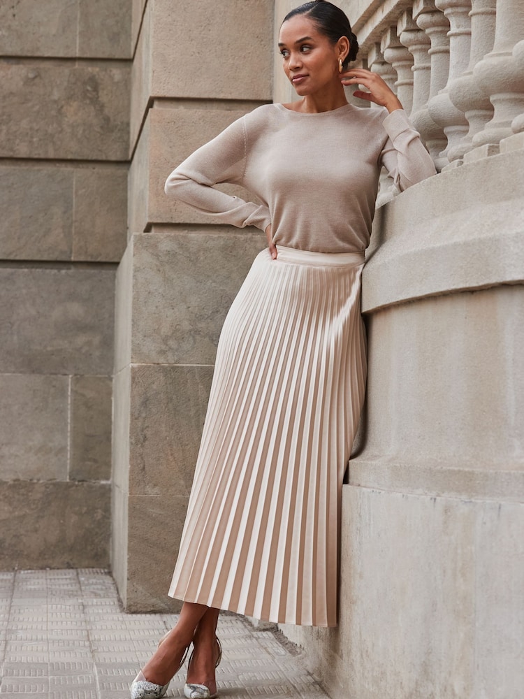 Sosandar Ecru Hue Pleated Satin Midi Skirt - Image 6 of 6