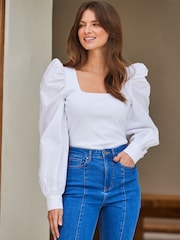 Sosandar White Petite Fabric Mix Square Neck Blouses - Image 5 of 6