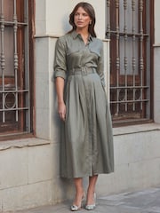 Sosandar Green Full Skirt Midi Shirt Dress With Linen - Image 1 of 6