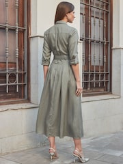 Sosandar Green Full Skirt Midi Shirt Dress With Linen - Image 3 of 6