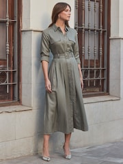 Sosandar Green Full Skirt Midi Shirt Dress With Linen - Image 4 of 6