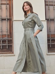 Sosandar Green Full Skirt Midi Shirt Dress With Linen - Image 5 of 6