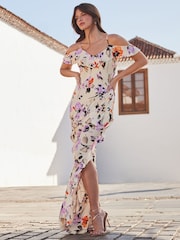 Sosandar Cream Cold Shoulder Ruffle Maxi Dress - Image 1 of 6