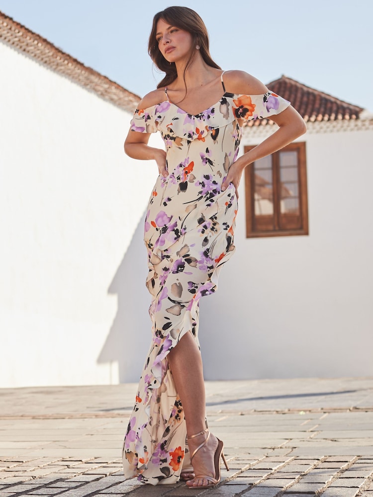 Sosandar Cream Cold Shoulder Ruffle Maxi Dress - Image 1 of 6