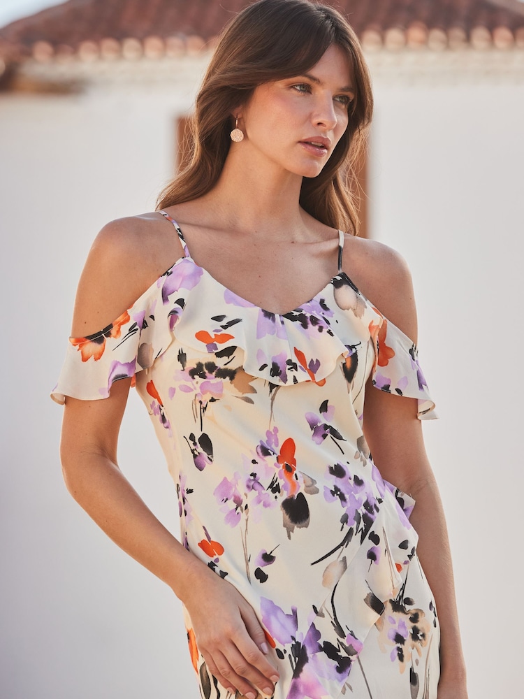 Sosandar Cream Cold Shoulder Ruffle Maxi Dress - Image 6 of 6