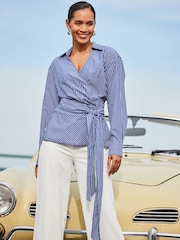 Sosandar Blue Stripe Twist Wrap Shirt - Image 1 of 6