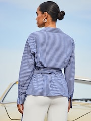 Sosandar Blue Stripe Twist Wrap Shirt - Image 3 of 6