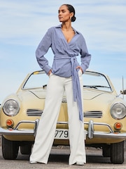Sosandar Blue Stripe Twist Wrap Shirt - Image 4 of 6