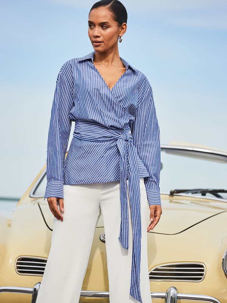 Sosandar Blue Stripe Twist Wrap Shirt - Image 6 of 6