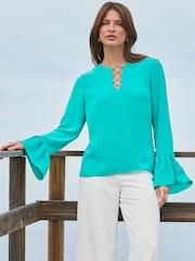 Sosandar Green Ring Detail Asym Sleeve Top - Image 1 of 6