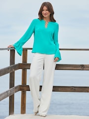 Sosandar Green Ring Detail Asym Sleeve Top - Image 3 of 6