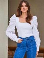 Sosandar White Fabric Mix Square Neck Blouses - Image 1 of 6