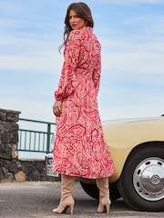 Sosandar Red Blouson Sleeve Belted Midi Shirt Dress - Image 3 of 6