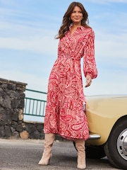 Sosandar Red Blouson Sleeve Belted Midi Shirt Dress - Image 4 of 6