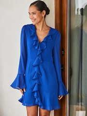 Sosandar Blue Petite Ruffle Front Mini Fit And Flare Dress - Image 5 of 6