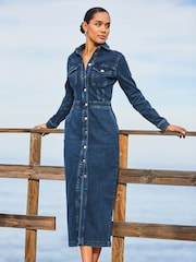 Sosandar Blue Midaxi Button Through Shirt Dress - Image 5 of 6