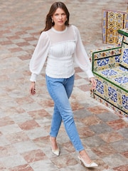 Sosandar White Shirred Body Mesh Sleeve Top - Image 3 of 6