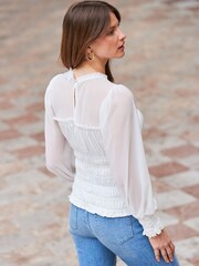Sosandar White Shirred Body Mesh Sleeve Top - Image 4 of 6