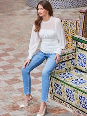 Sosandar White Shirred Body Mesh Sleeve Top - Image 6 of 6