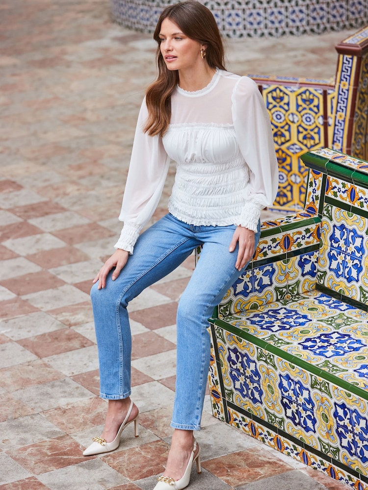 Sosandar White Shirred Body Mesh Sleeve Top - Image 6 of 6