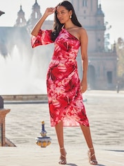 Sosandar Pink Wrap Skirt One Shoulder Midi Dress - Image 3 of 6