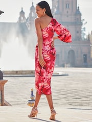 Sosandar Pink Wrap Skirt One Shoulder Midi Dress - Image 4 of 6
