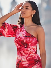 Sosandar Pink Wrap Skirt One Shoulder Midi Dress - Image 5 of 6