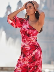 Sosandar Pink Wrap Skirt One Shoulder Midi Dress - Image 6 of 6