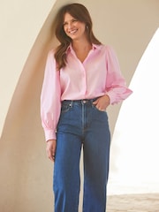 Sosandar Pink Balloon Sleeve Cotton Shirt - Image 1 of 6
