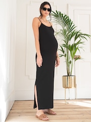 Seraphine Crepe Shirred Bodice Maxi Black Maternity Dress - Image 1 of 9