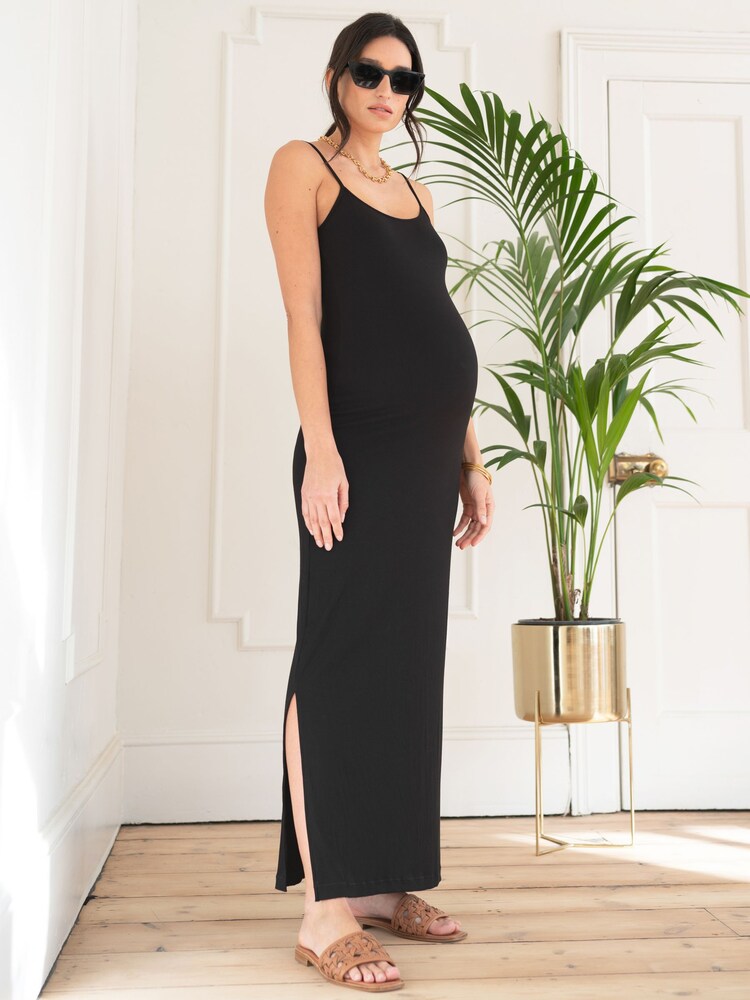 Seraphine Crepe Shirred Bodice Maxi Black Maternity Dress - Image 1 of 9